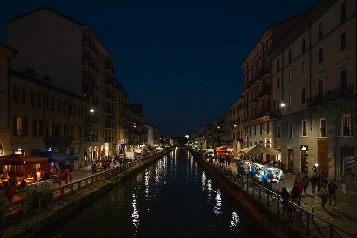 Navigli at night with lights reflecting on the canals water