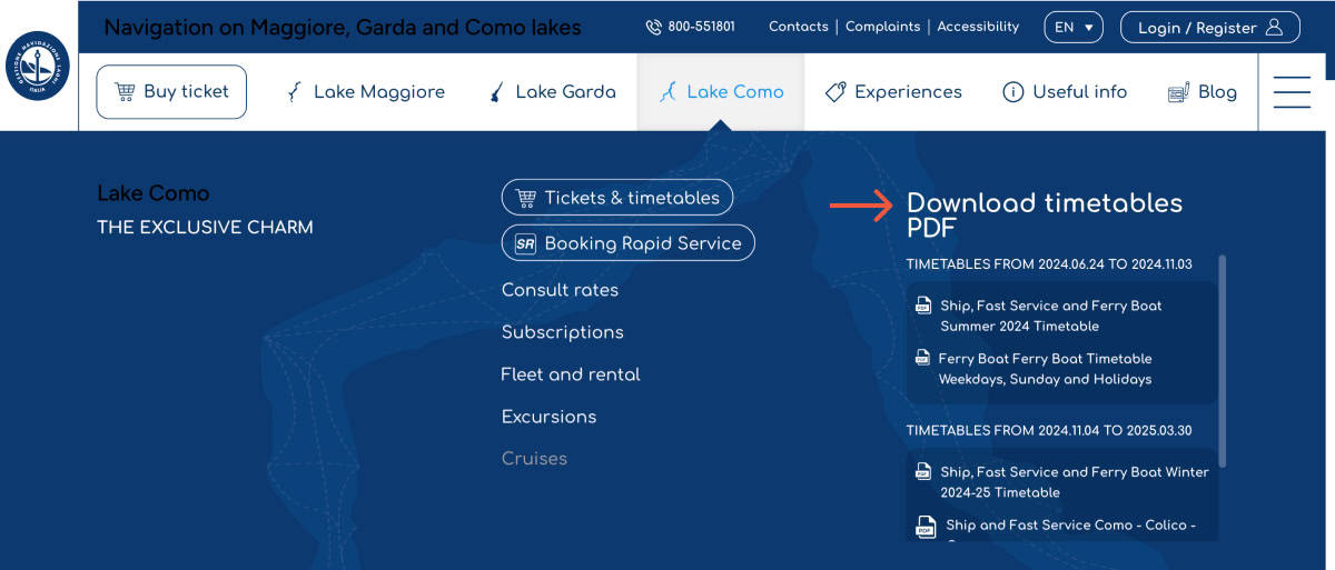 A screenshot of Navigazione Laghi's ticketing website with an arrow showing where to click to get the PDF timetables