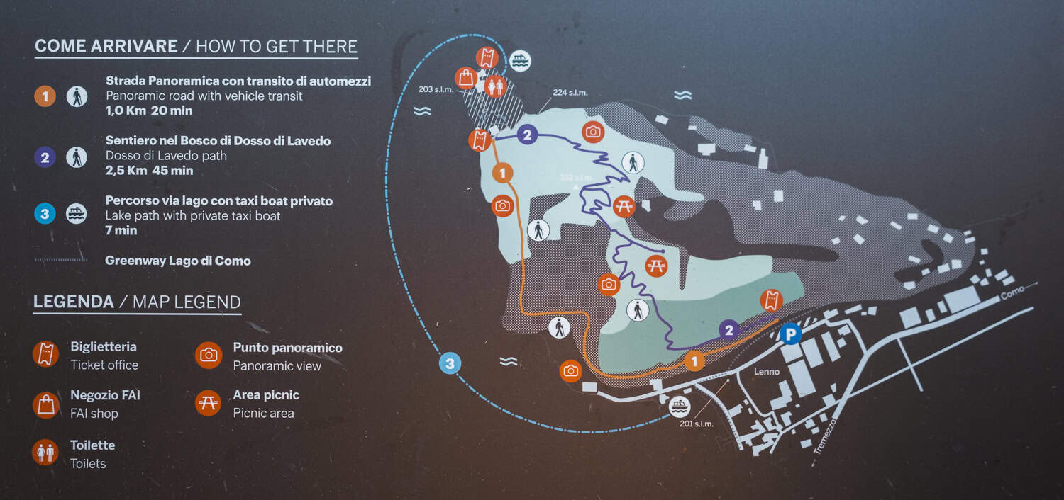 A map of the paths leading to villa balbianello on a sign at the entrance of the villa.
