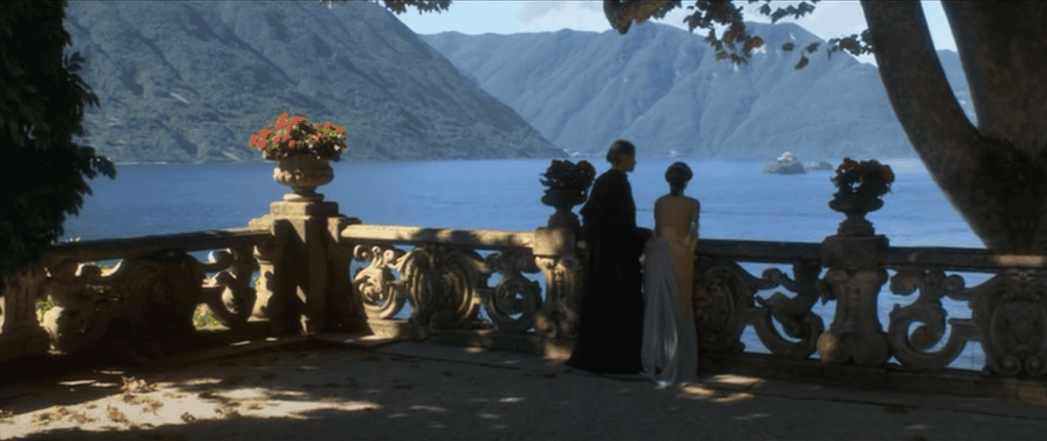 A scene from Star Wars were Anakin and Padme admire the Lake from Villa Balbianello, also known as Star Wars Lake Como Villa