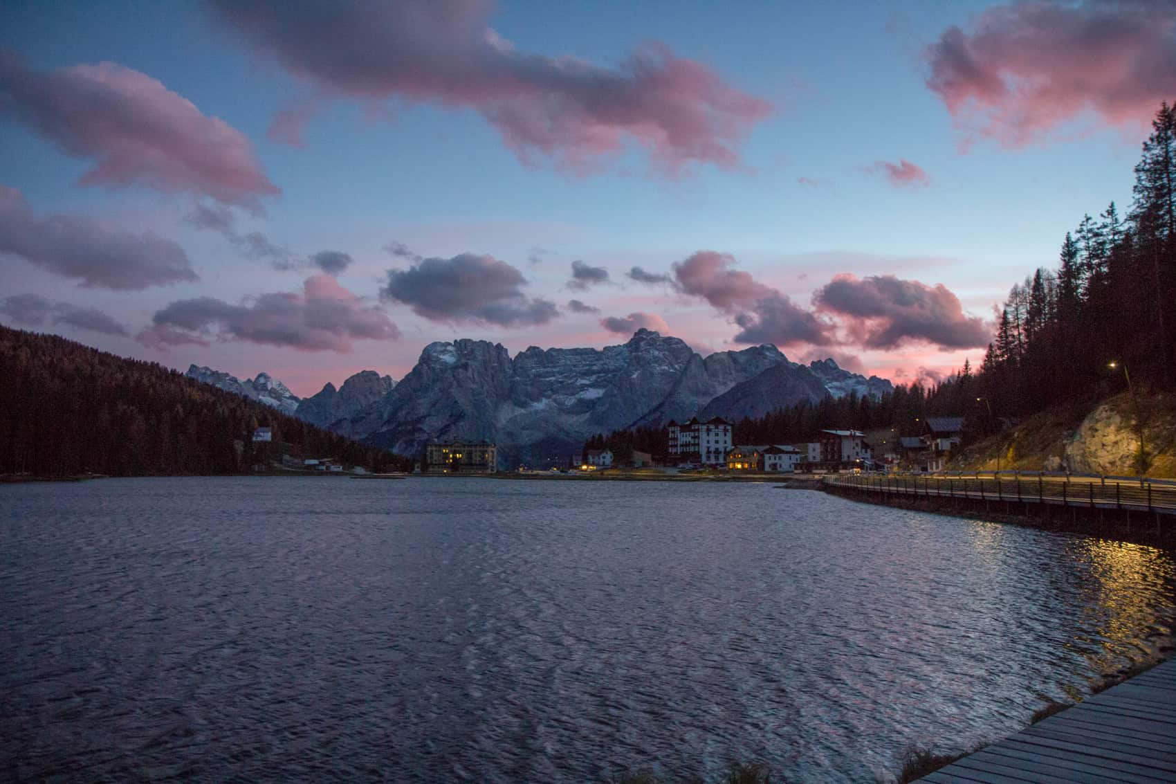 Lake Misurina at sunset with a blue pink sky with clouds over the dolomites 